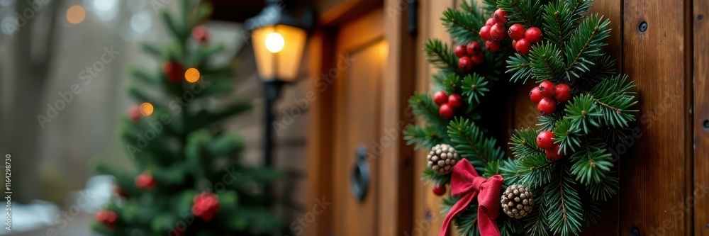 Fototapeta premium Classic Christmas wreath with red berries & pine cones hangs on a wooden door Festive lights blur , celebration, door, pine