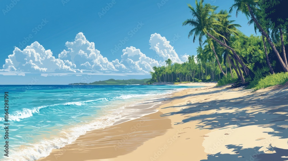 Sunny tropical beach scene with palm trees, white sand, and turquoise ocean waves. Sunny tropical beach scene with palm trees, white sand, and turquoise ocean waves.