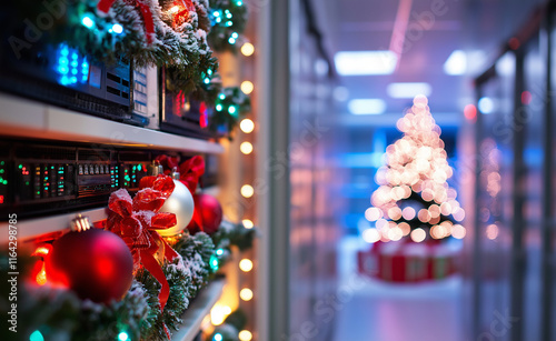 Modern data server with glowing lights next to a decorated Christmas tree and presents in a festive office setting. photo