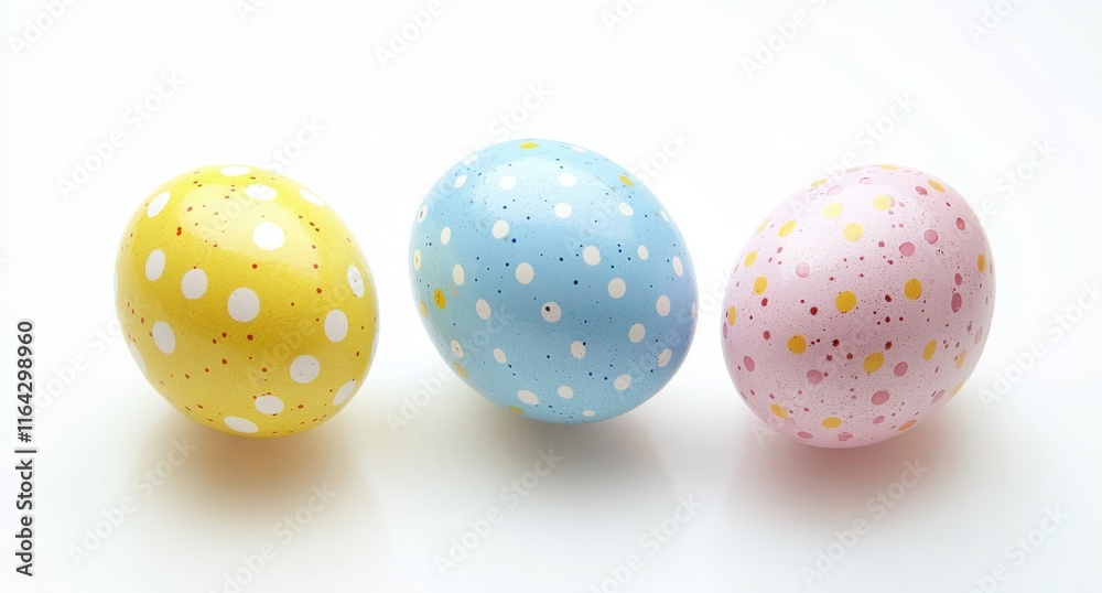 Colorful Easter Eggs with Polka Dots in Yellow, Blue, and Pink on a White Surface for Spring Celebrations and Festive Decorations