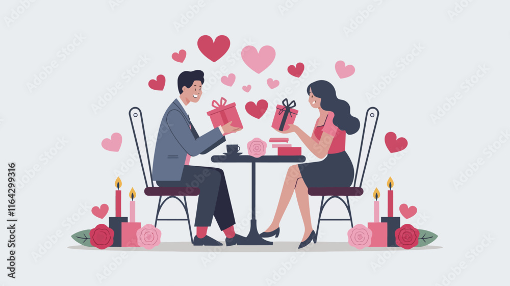 A flat vector illustration of two people sitting at a café table, exchanging gifts with heart-shaped decorations around them, celebrating Valentine’s Day A flat vector illustration of two people sitting at a café table, exchanging gifts with heart-shaped decorations around them, celebrating Valentine’s Day