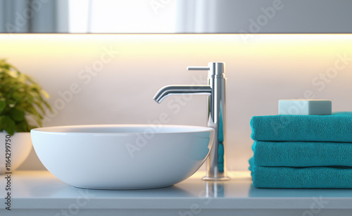 Close-up of a modern bathroom sink with a rolled turquoise towel and blurred bedroom in the background.
 photo