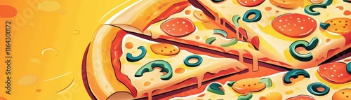 A vibrant, colorful illustration of a pizza with various toppings, including pepperoni and vegetables, set against a bright yellow background.