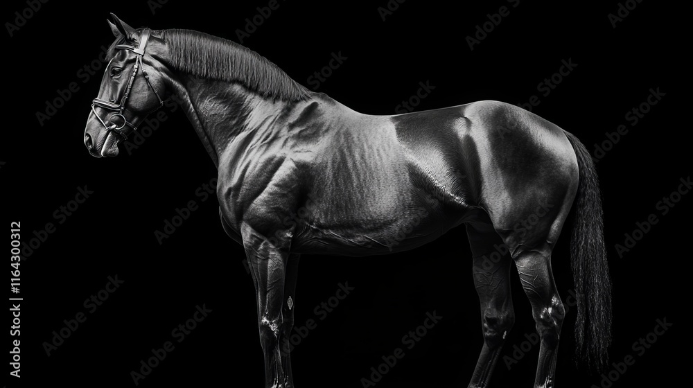A black and white photograph captures the essence of the Spanish running horse. The horse stands tall, its muscles rippling beneath its sleek coat. Its mane and tail flow freely in the wind A black and white photograph captures the essence of the Spanish running horse. The horse stands tall, its muscles rippling beneath its sleek coat. Its mane and tail flow freely in the wind