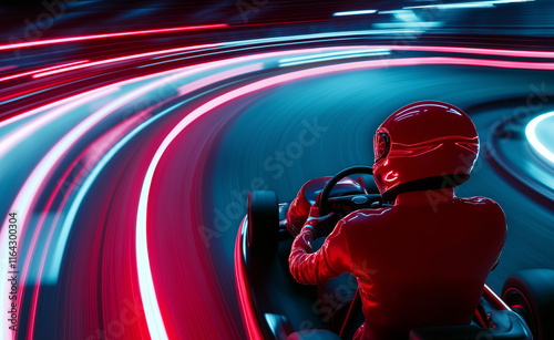 Racer in a go-kart speeding through a futuristic neon-lit track with dynamic red and blue light trails.
 photo