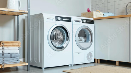  Modern laundry room featuring sleek washing and drying machines, bright natural lighting, and a minimalist design, perfect for home organization or interior design concepts