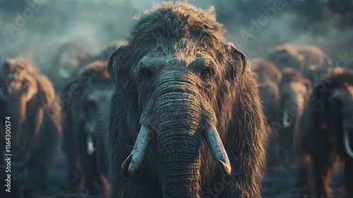 Woolly Mammoth Herd Majestically Stands In Ancient Landscape photo