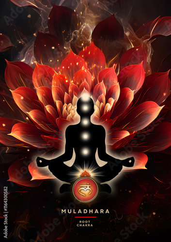 Root chakra meditation in yoga lotus pose, in front of Muladhara chakra symbol. Peaceful decor for kinesiology practitioners, massage therapists, reiki and chakra energy healers, yoga studios etc.
