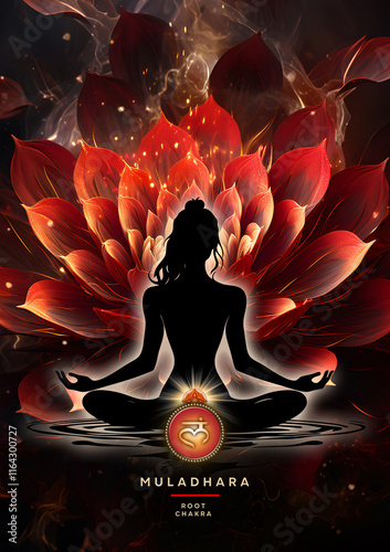 Root chakra meditation in yoga lotus pose, in front of Muladhara chakra symbol. Peaceful decor for kinesiology practitioners, massage therapists, reiki and chakra energy healers, yoga studios etc.
