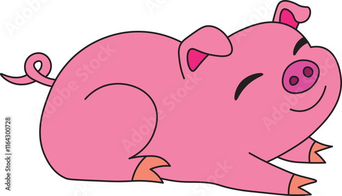 a contented happy piglet lies and smiles with his eyes closed and his paws stretched out