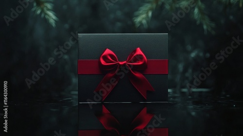 A beautifully wrapped gift box featuring a vibrant red ribbon is positioned on a reflective surface. Dark foliage looms in the background, creating an inviting atmosphere