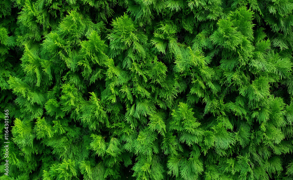 Top-down view of lush, vibrant green coniferous foliage forming a dense natural texture. Top-down view of lush, vibrant green coniferous foliage forming a dense natural texture.