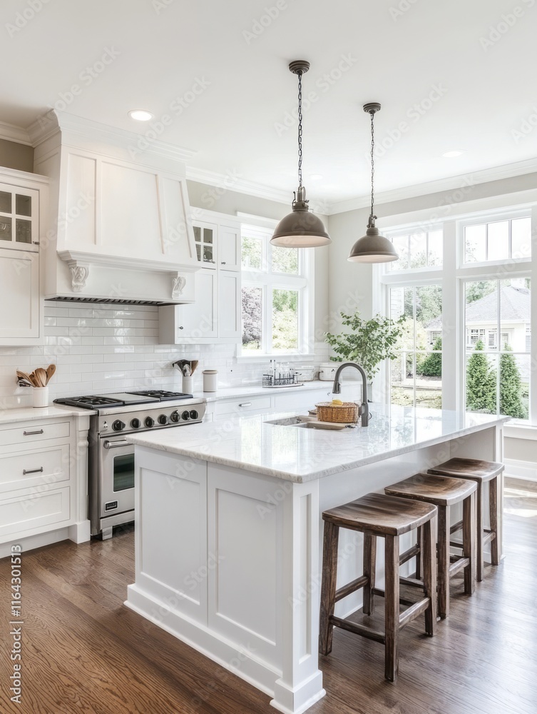 Fototapeta premium Bright White Kitchen Island With Wooden Stools And Natural Light