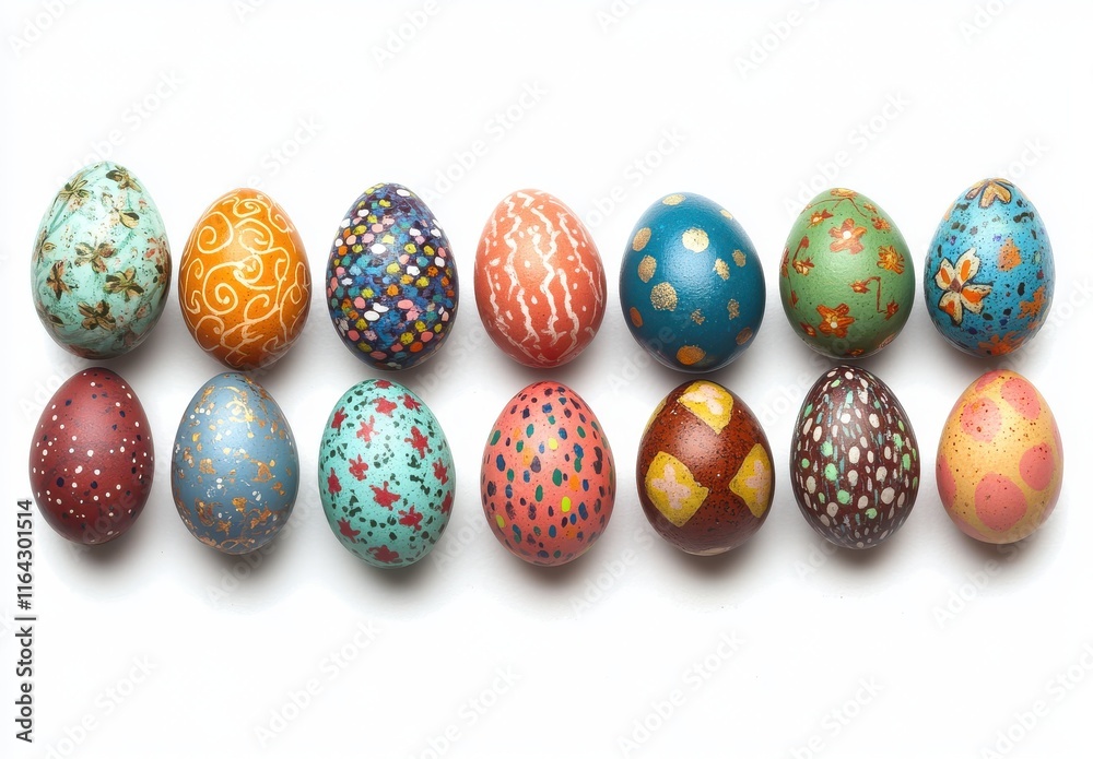 Colorful Hand-Painted Easter Eggs Displayed on a White Background, Showcasing Intricate Designs and Vibrant Hues, Perfect for Spring Celebrations and Seasonal Decor Colorful Hand-Painted Easter Eggs Displayed on a White Background, Showcasing Intricate Designs and Vibrant Hues, Perfect for Spring Celebrations and Seasonal Decor