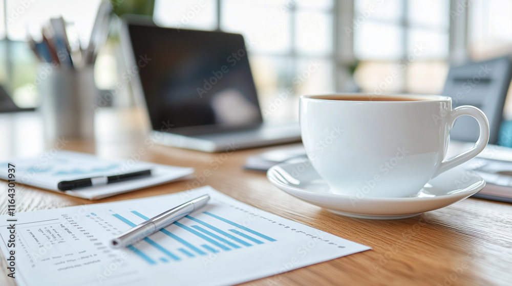 A close-up of a coffee cup, pen, and business documents on a desk. A close-up of a coffee cup, pen, and business documents on a desk.