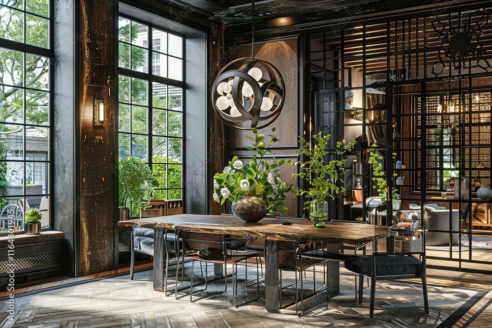 Fototapeta premium modern conceptual Luxury Rustic industrial-style dining luxury Foyer/Entryway with wood and metal accents contemporary bright stylish interior