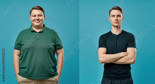 Diverse male transformation concept featuring young caucasian adults in casual and athletic attire