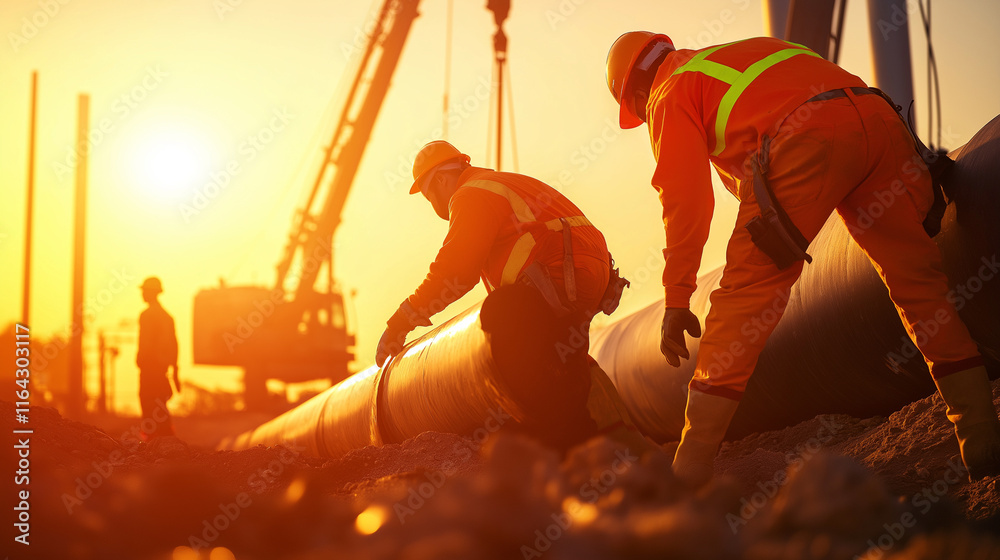 Fototapeta premium Construction workers in safety gear installing a pipeline at sunset with warm golden light.