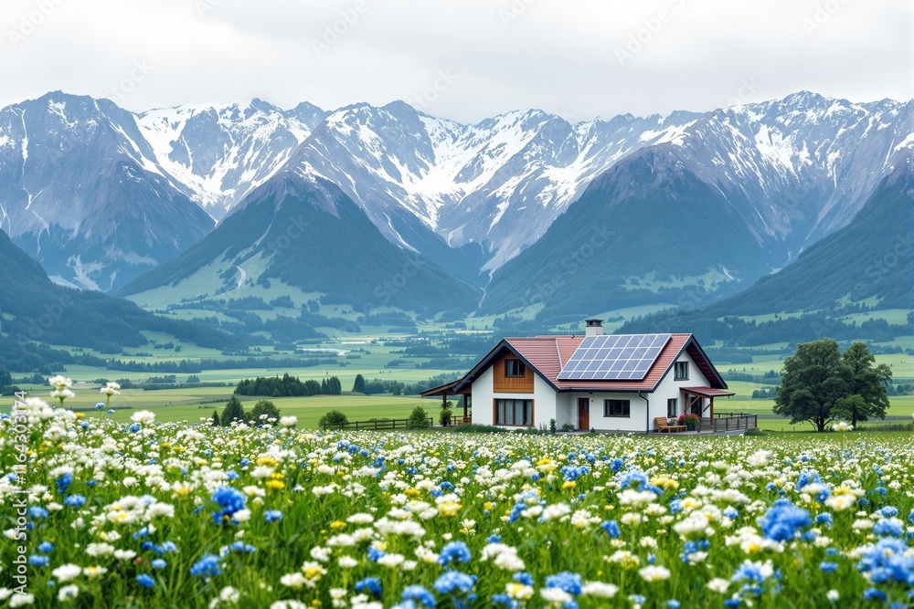 Idyllic house with solar panels surrounded by a vibrant field of flowers and majestic mountains in the background. Idyllic house with solar panels surrounded by a vibrant field of flowers and majestic mountains in the background.