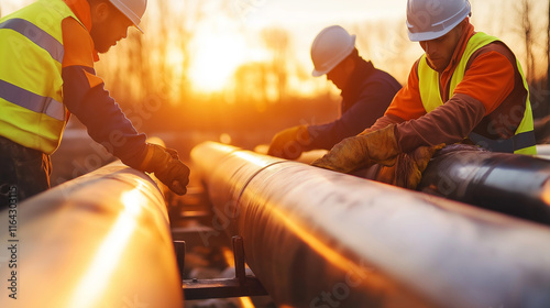 Construction workers in safety gear installing a pipeline at sunset with warm golden light. photo