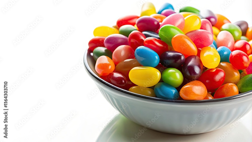Close-Up of Colorful Jelly Beans in Low Light Photography with Isolated White Background and Copy Space for Text Close-Up of Colorful Jelly Beans in Low Light Photography with Isolated White Background and Copy Space for Text