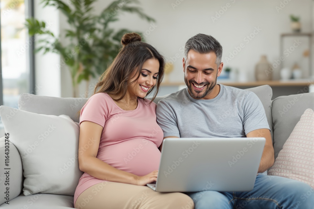 Smiling pregnant couple using a laptop together on a cozy sofa in a modern home interior. Smiling pregnant couple using a laptop together on a cozy sofa in a modern home interior.