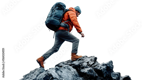 Hiker on top of the mountain on transparent background   