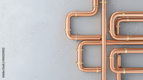 Modern copper pipe with industrial-style fittings mounted on a gray concrete wall. photo