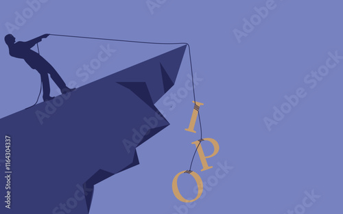 Man pulling IPO sign from a cliff illustration