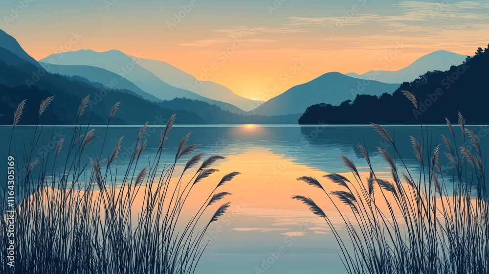 Fototapeta premium Serene sunset over calm lake and mountains.