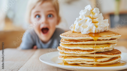 Stack of pancakes with whipped cream and syrup, with a surprised child in the blurred background. photo