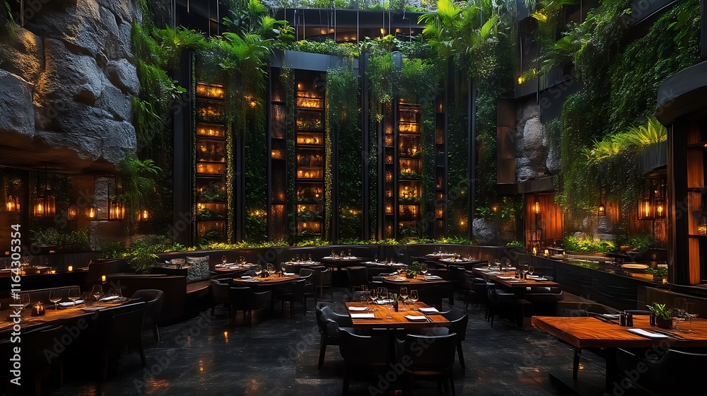 Luxurious Indoor Restaurant with Lush Greenery Walls Luxurious Indoor Restaurant with Lush Greenery Walls