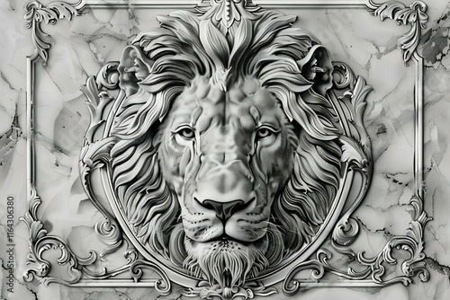 Majestic Lion Head in Baroque Frame: A Masterpiece of Stone Carving photo