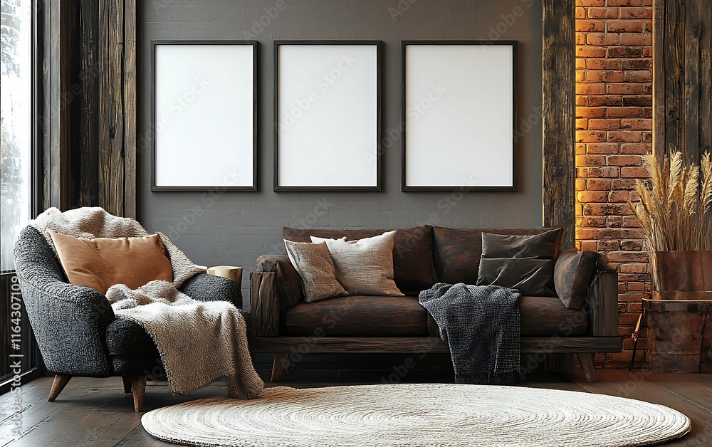 Fototapeta premium Cozy living room with rustic furniture, three blank frames, and warm lighting.