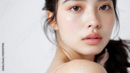 肩越しに振り返る肌の綺麗な日本人女性（白背景・背景なし・肩こり・スマホ首）	
