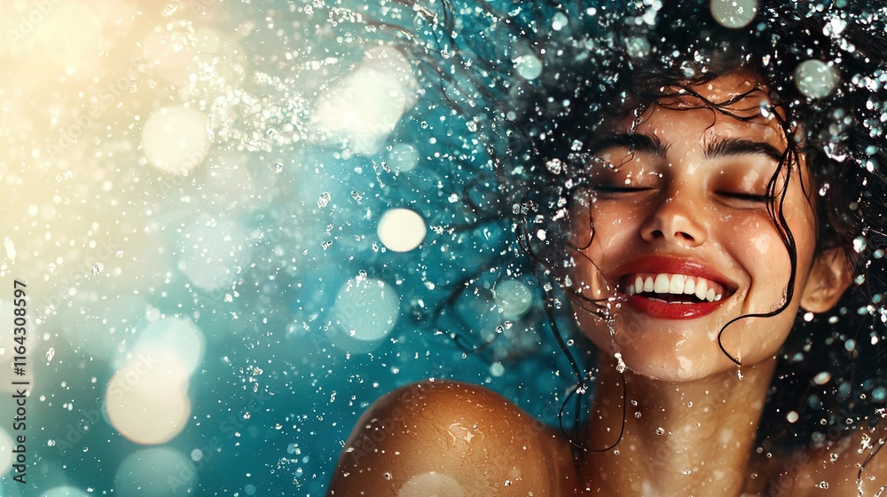 Fototapeta premium A woman smiles with her eyes closed and hair flying under a shower of water