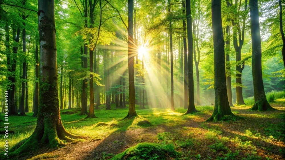 Obraz premium Enchanting Sunlight Filtering Through Forest Trees, A Serene Natural Landscape with Vibrant Greenery and Soft Light for Tranquil Backgrounds and Nature-Themed Projects