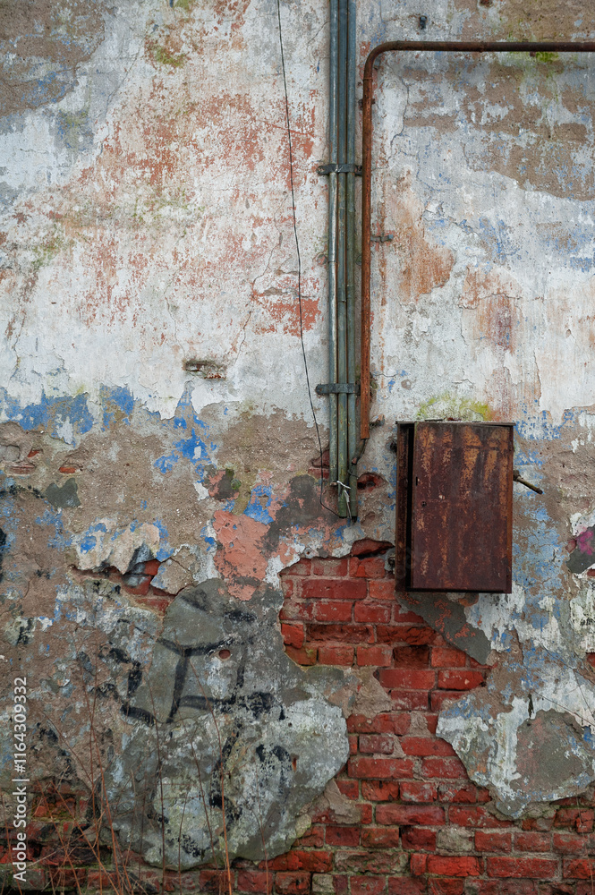 Naklejka premium Weathered wall with peeling paint and rusted metal box reveals grunge texture
