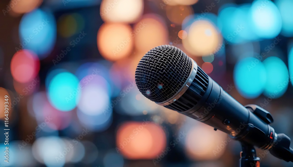 Obraz premium Dramatic close-up of a professional microphone in focus with a colorful blurred background representing performing arts, live events, and creativity in entertainment settings.