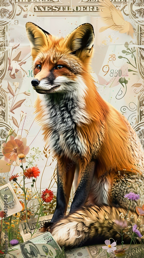 Obraz premium The Majestic Red Fox Amidst Floral Abundance and Currency