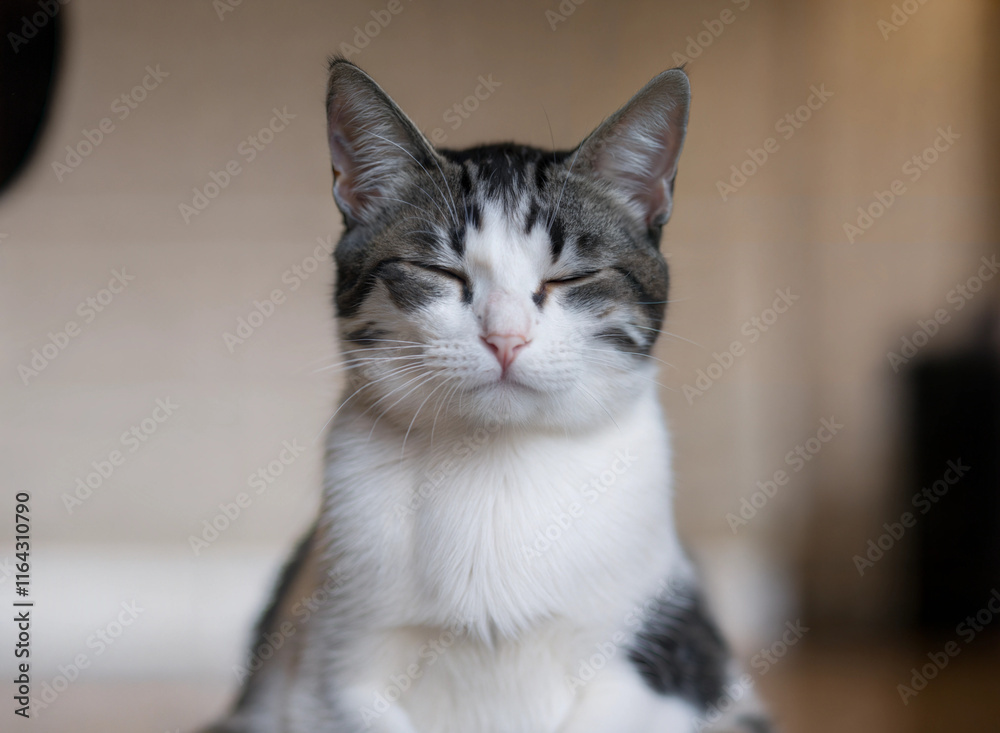Relaxed cat, serene mood, sitting calmly, soft background Relaxed cat, serene mood, sitting calmly, soft background