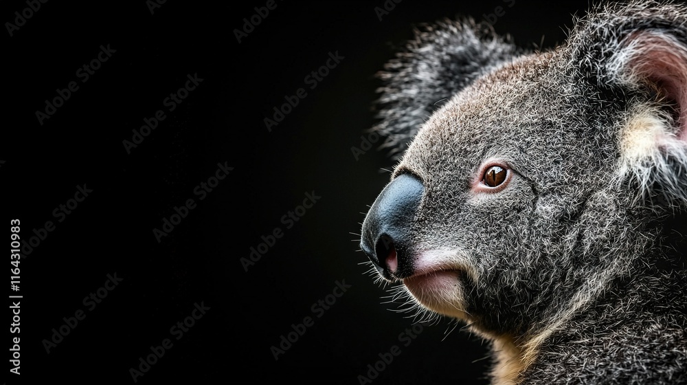 Obraz premium A close-up of a koala's face with wide-open eyes on a black background