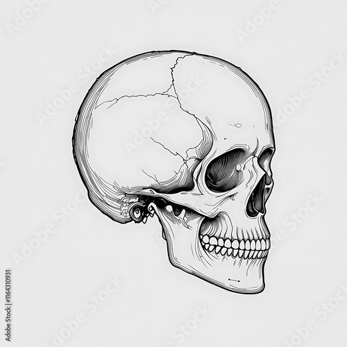 Detailed Illustration of a Human Skull in Profile View in Monochrome. photo