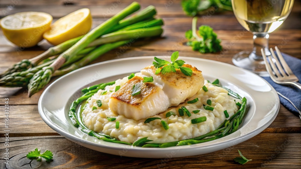 High Angle Shot of Delicious Cod Loin Risotto with Asparagus - Gourmet Food Photography, Culinary Delight, Restaurant Dish, Upscale Dining, Seafood Risotto, Healthy Eating, Food Presentation High Angle Shot of Delicious Cod Loin Risotto with Asparagus - Gourmet Food Photography, Culinary Delight, Restaurant Dish, Upscale Dining, Seafood Risotto, Healthy Eating, Food Presentation