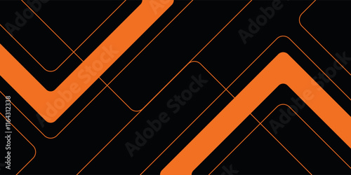 Black abstract wide horizontal banner with orange and gray lines, arrows and angles. Dark modern sporty bright futuristic abstract background. Wide vector