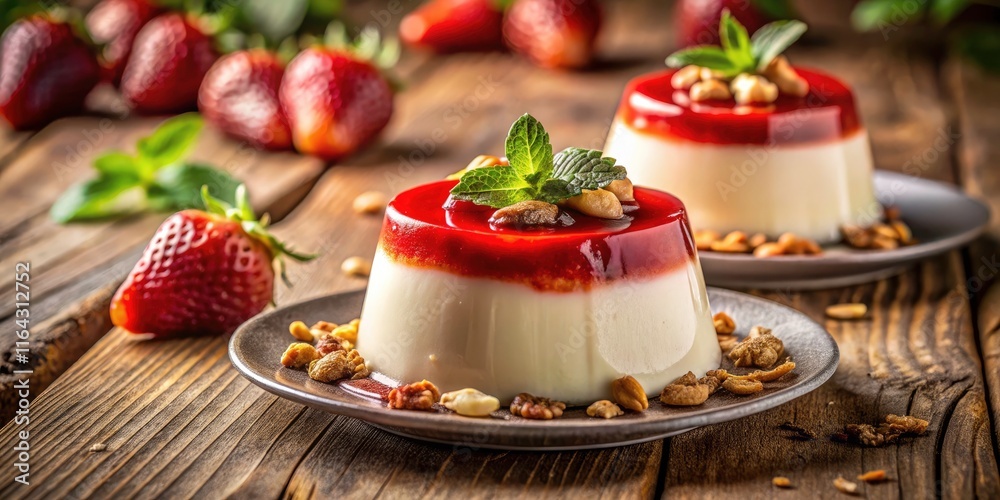 Indulgent Vanilla Panna Cotta with Fresh Strawberry Sauce and Crunchy Nuts - A Tempting Dessert Delight for Food Lovers Indulgent Vanilla Panna Cotta with Fresh Strawberry Sauce and Crunchy Nuts - A Tempting Dessert Delight for Food Lovers