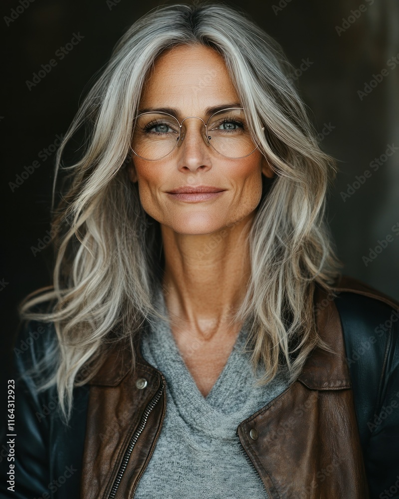 Fototapeta premium Portrait of a confident woman with long, silver hair.