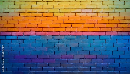A vibrant and creative brick wall featuring a gradient of multicolored bricks  perfect for wallpapers or lively interior designs