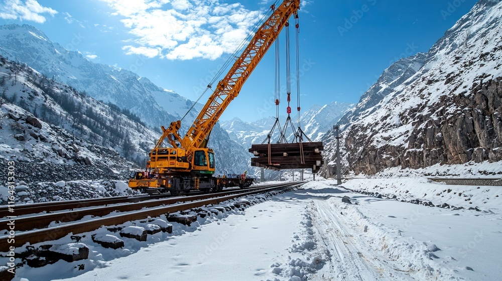 A bright yellow crane lifts a heavy load near railroad tracks, surrounded by snow-covered mountains under a clear blue sky.