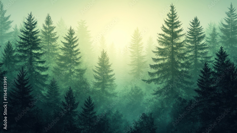 Obraz premium Misty evergreen forest at sunrise.